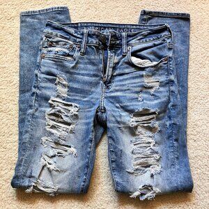 American Eagle Airflex light wash distressed ripped skinny jeans